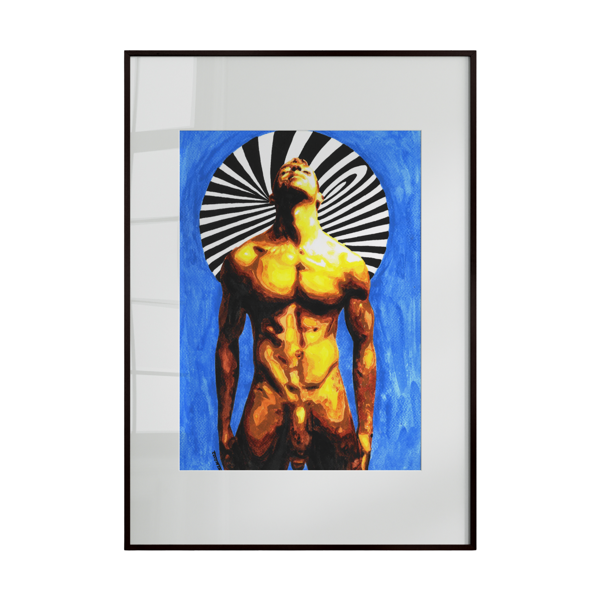 A watercolor painting featuring a nude male figure rendered in a vibrant and erotic style. The composition emphasizes full frontal nudity, celebrating the sensuality, confidence, and bold artistic expression of the human form.