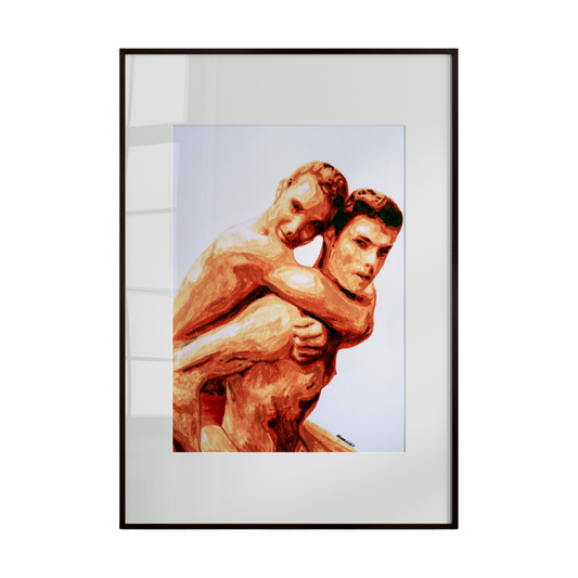 two nude male figures, with one figure gently lifting the other against a pure white background. The minimalist setting draws attention to the forms, balance, and the quiet intimacy of the gesture. The composition emphasizes trust, support,