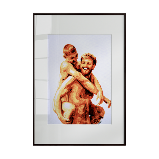 An original framed painting capturing two nude male figures in an intimate and erotic interaction. The composition highlights connection, vulnerability, and the raw beauty of human form.