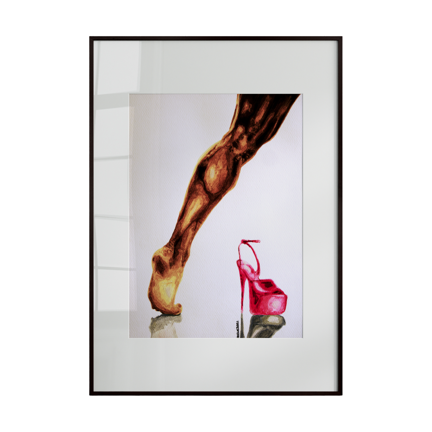 A contemporary artwork focusing on a muscular male leg adorned with a red high heel. Set against a minimalist white background, the composition explores contrast, gender play, and the fusion of strength and elegance in a playful, provocative manner.