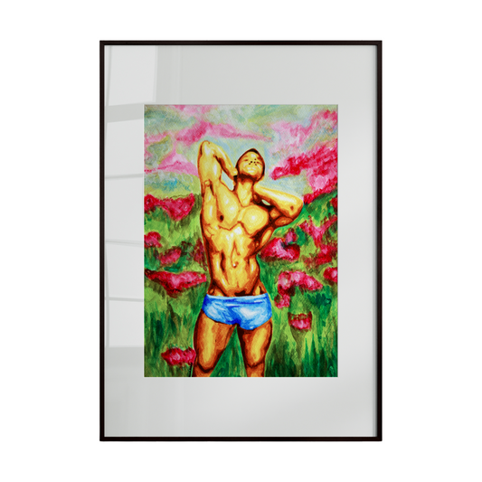 An artistic depiction of a nude male figure set within a lush flower garden. Surrounded by vibrant blooms, the artwork celebrates the harmony between the human form and nature, blending softness, color, and quiet sensuality.