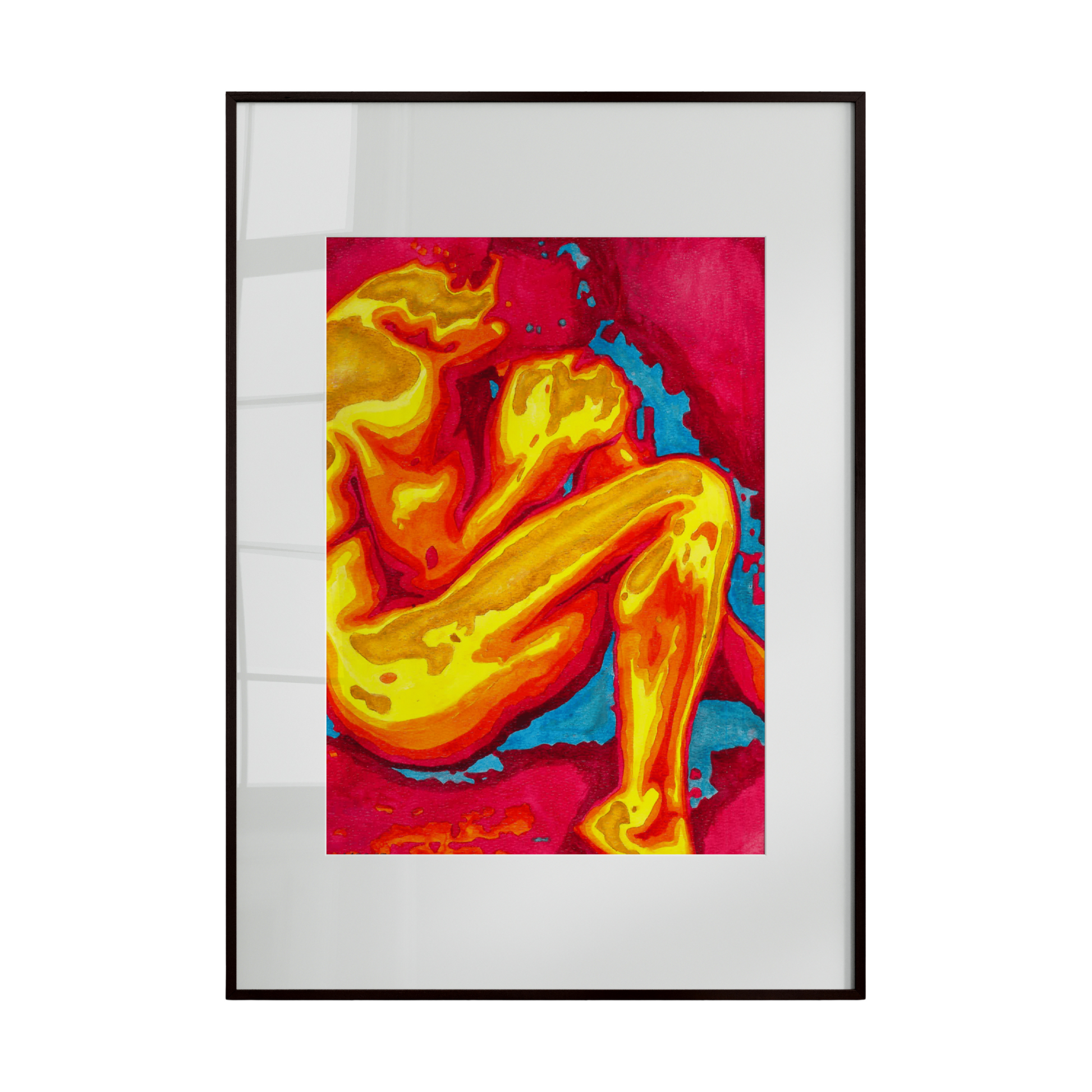 Framed artwork of a colorful abstract figure on a white background