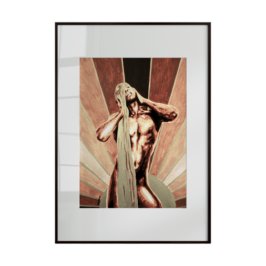 Framed artwork of a nude figure with a draped cloth against a geometric background.