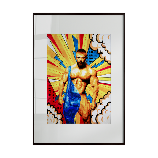 A striking pop-art style artwork depicting a male figure. Bold, bright colors and dynamic visual elements emphasize strength, sensuality, and energetic presence, creating a captivating and modern composition.