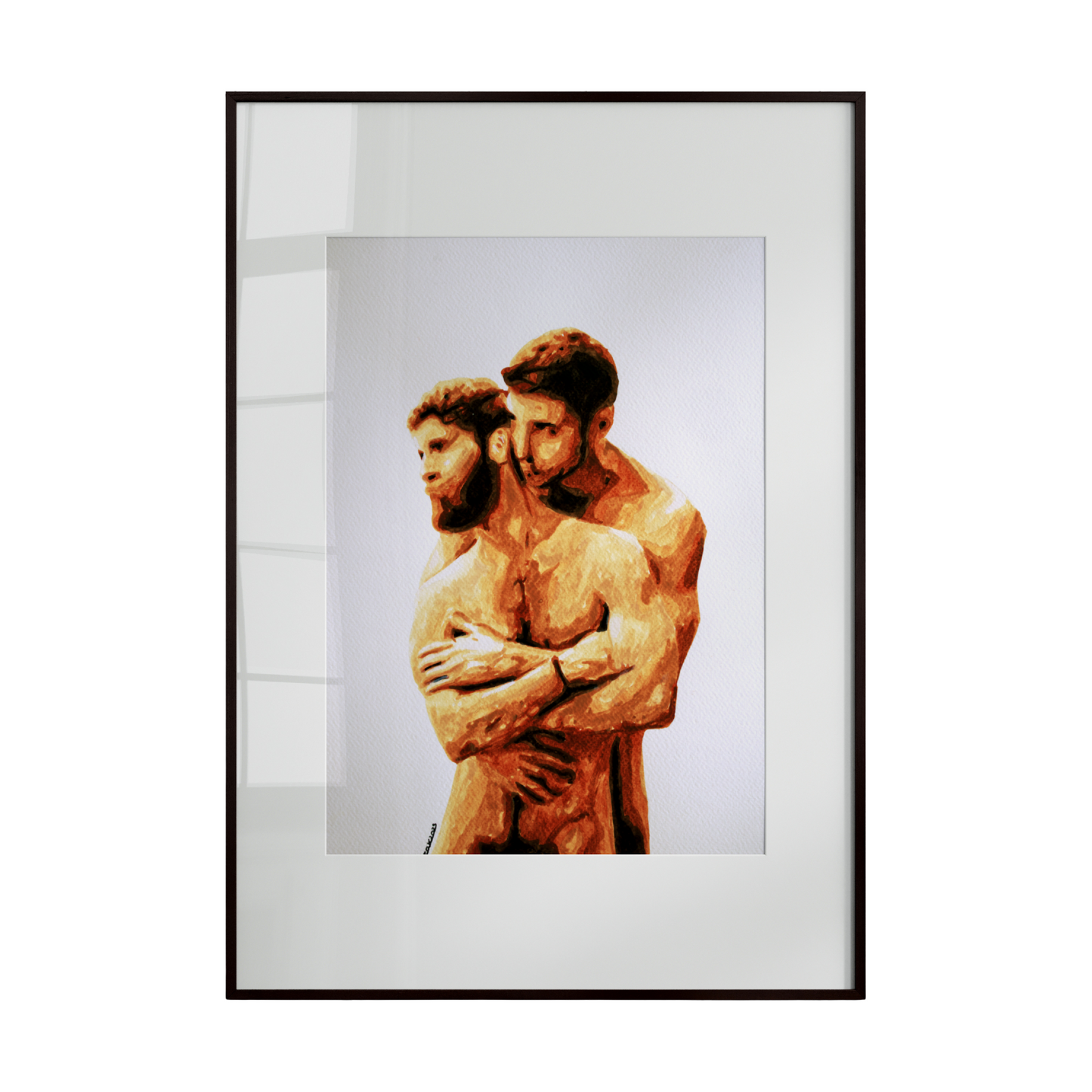 two nude male figures, one gently embracing the other from behind, set against a pure white background. 