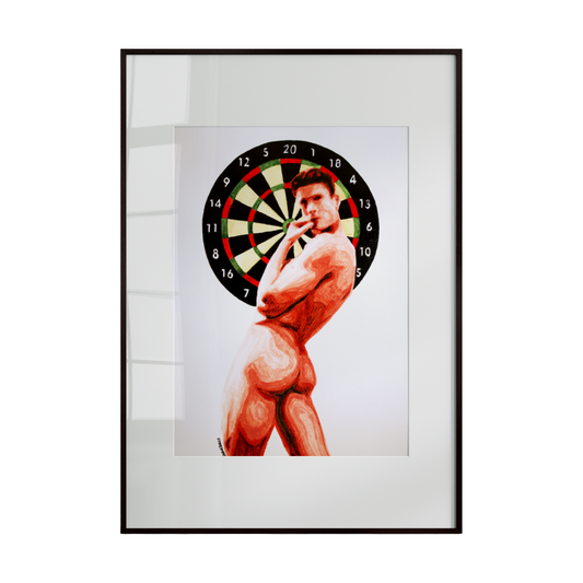 Framed artwork of a muscular figure in front of a dartboard on a white background