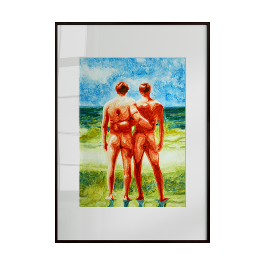 two nude male figures standing side by side on a quiet beach, their arms gently wrapped around each other’s waists. Viewed from behind, the composition emphasizes closeness, trust,