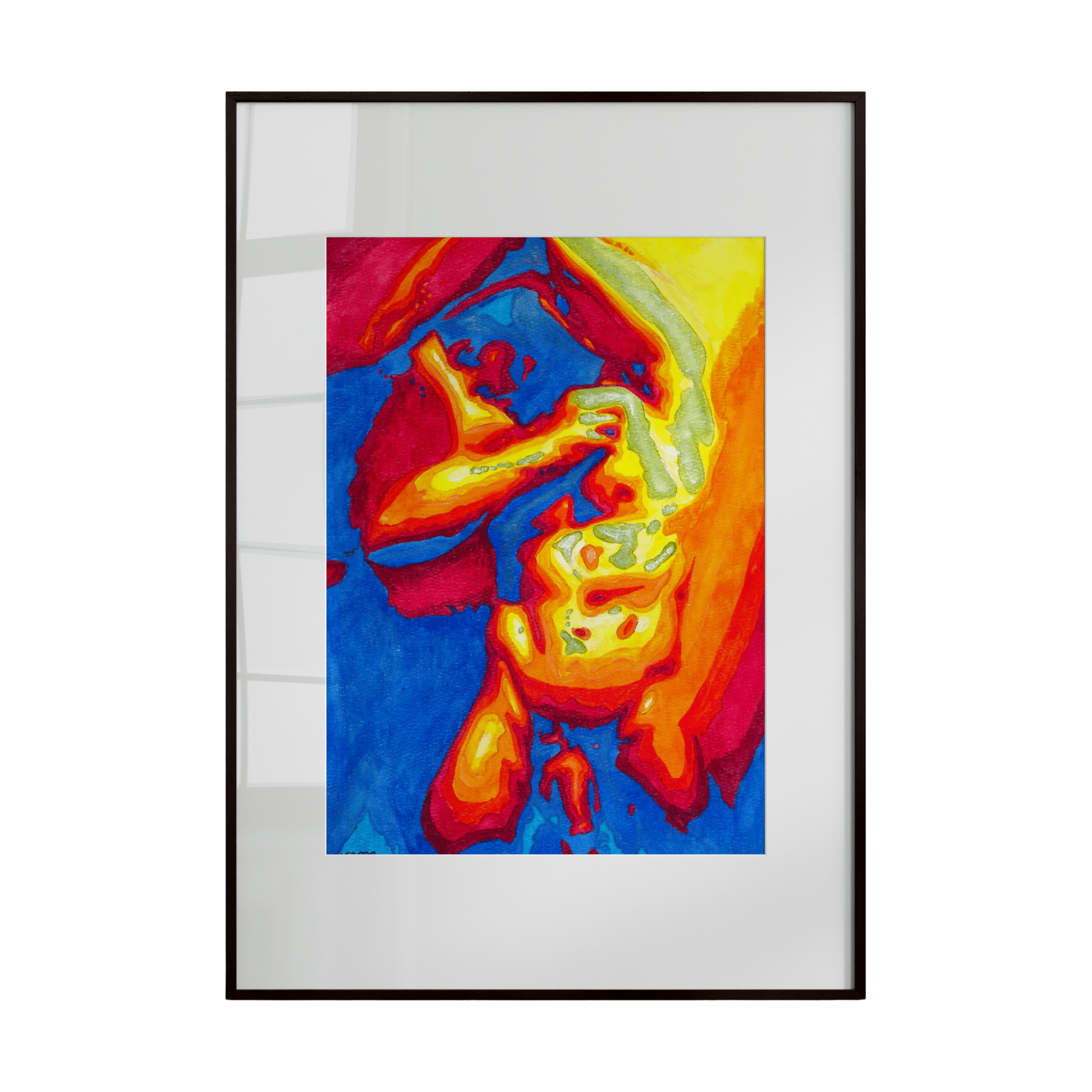 Framed colorful abstract art print on a white background