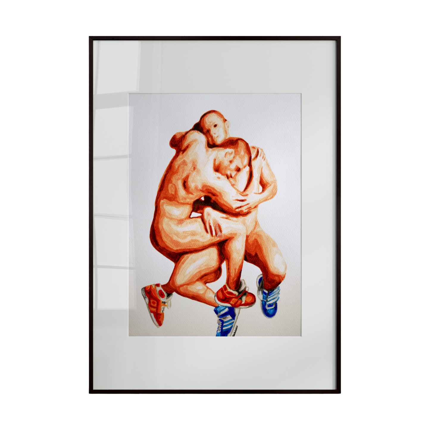 A watercolor painting depicting two nude male figures in a passionate embrace. Vibrant, bold colors emphasize their dynamic movement and the intense emotion between them.