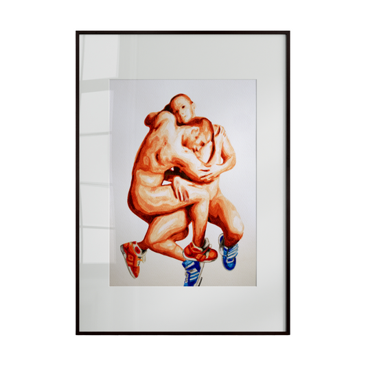 A watercolor painting depicting two nude male figures in a passionate embrace. Vibrant, bold colors emphasize their dynamic movement and the intense emotion between them.