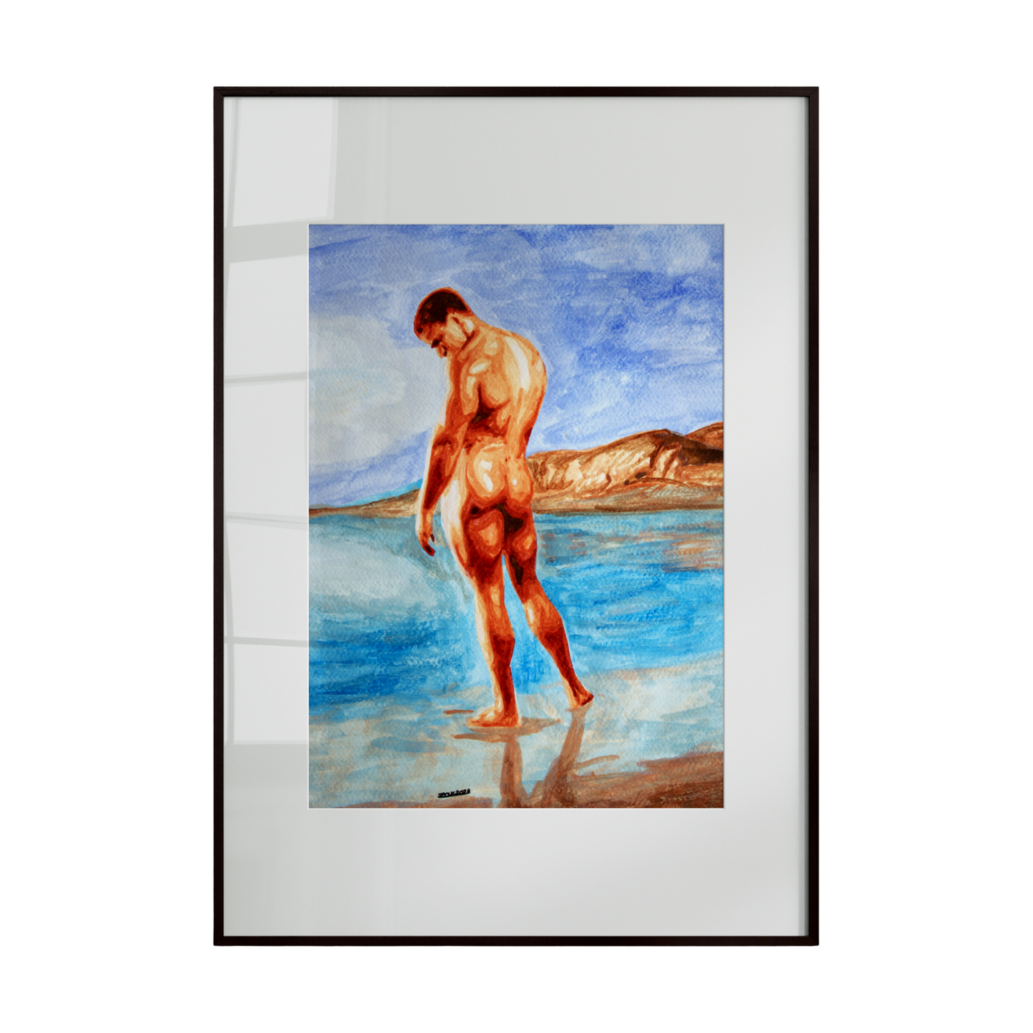 nude male figure standing on a beach beneath a vast blue sky. The figure is rendered in a vibrant and expressive style, blending warm and cool tones to create depth, energy, and serenity.