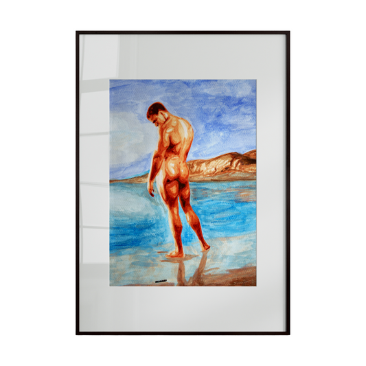 nude male figure standing on a beach beneath a vast blue sky. The figure is rendered in a vibrant and expressive style, blending warm and cool tones to create depth, energy, and serenity.