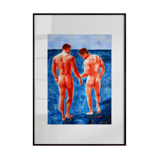 Framed artwork of two nude figures standing close together on a blue background.