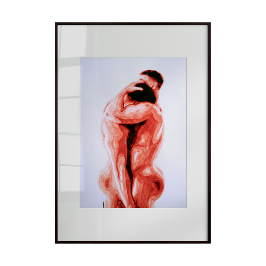 two nude male figures embracing as a single form against a pristine white background. The composition focuses entirely on the emotional and physical connection, emphasizing harmony