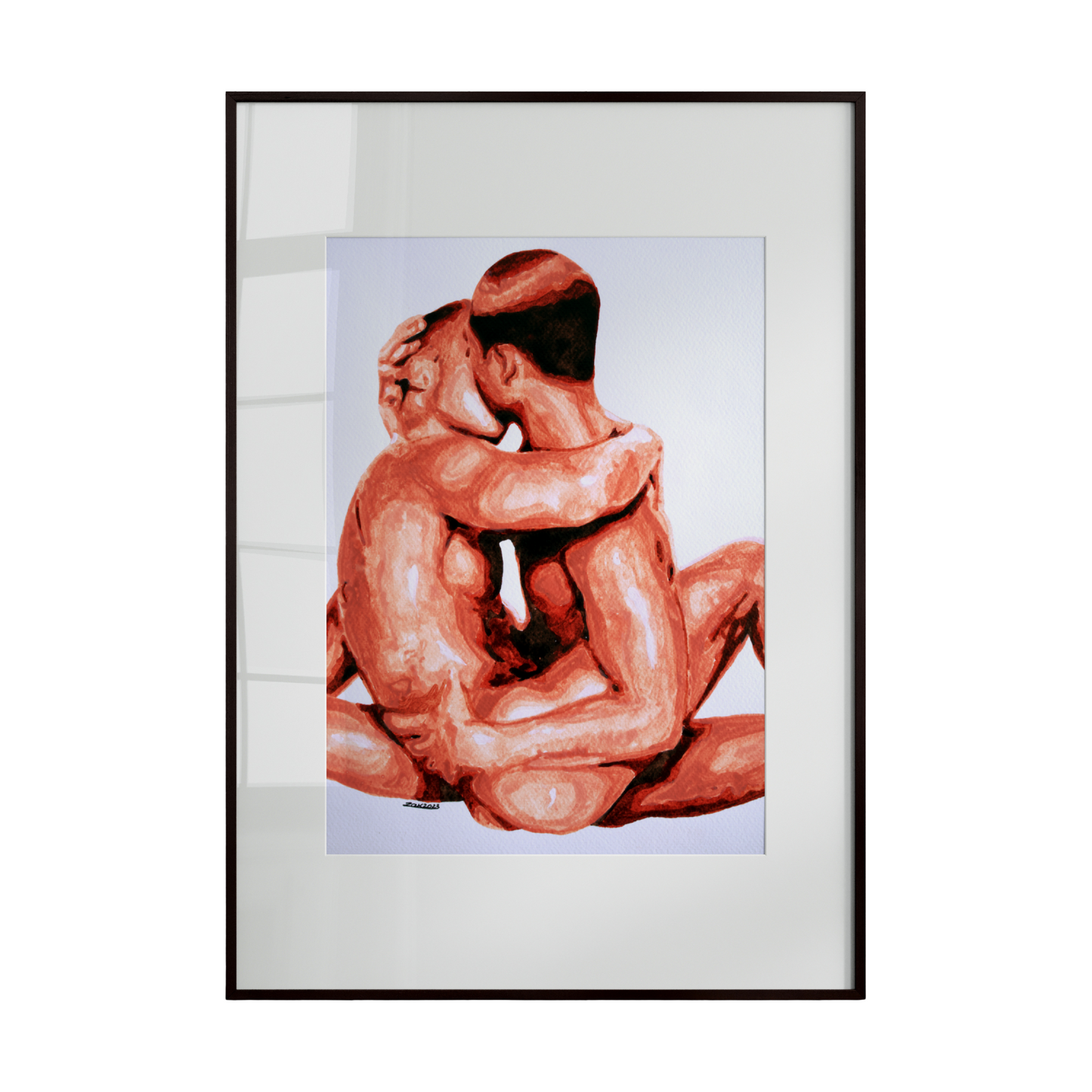 two nude male figures seated together in a tender embrace. One holds the other gently, 