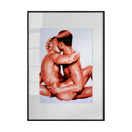 two nude male figures seated together in a tender embrace. One holds the other gently, 