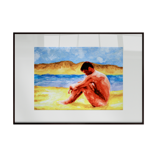 A nude male figure seated on a beach beneath a blue sky, painted in a lively blend of warm and cool hues. The scene captures quiet contemplation, expressive color, and the serene beauty of the coastal setting.