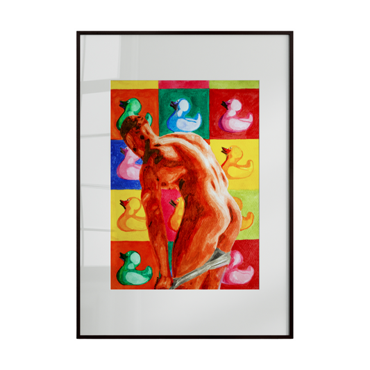 A nude male figure seen from behind, set against a vibrant Pop Art-inspired background featuring playful ducks. The composition combines humor, color, and contemporary artistic flair.