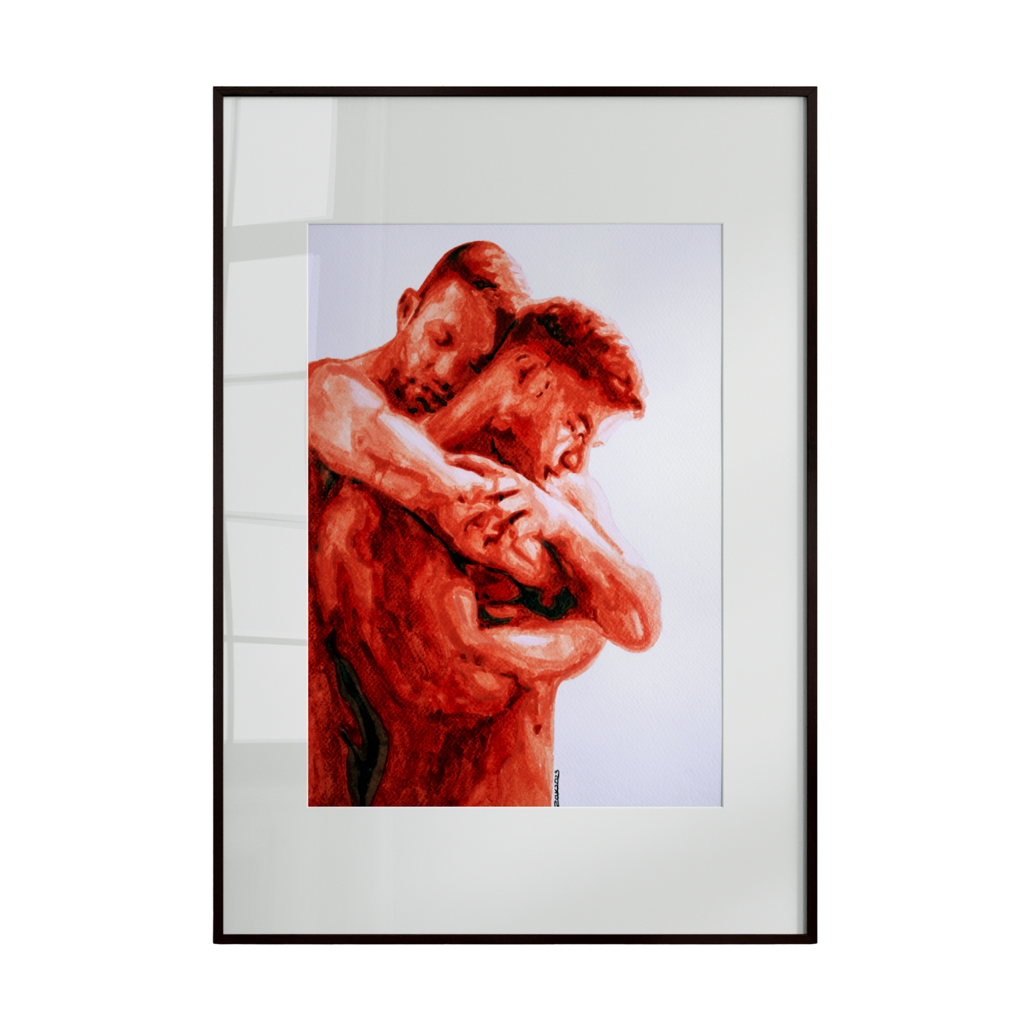 two nude male figures in a tender and intimate pose, with one embracing the other from behind. 