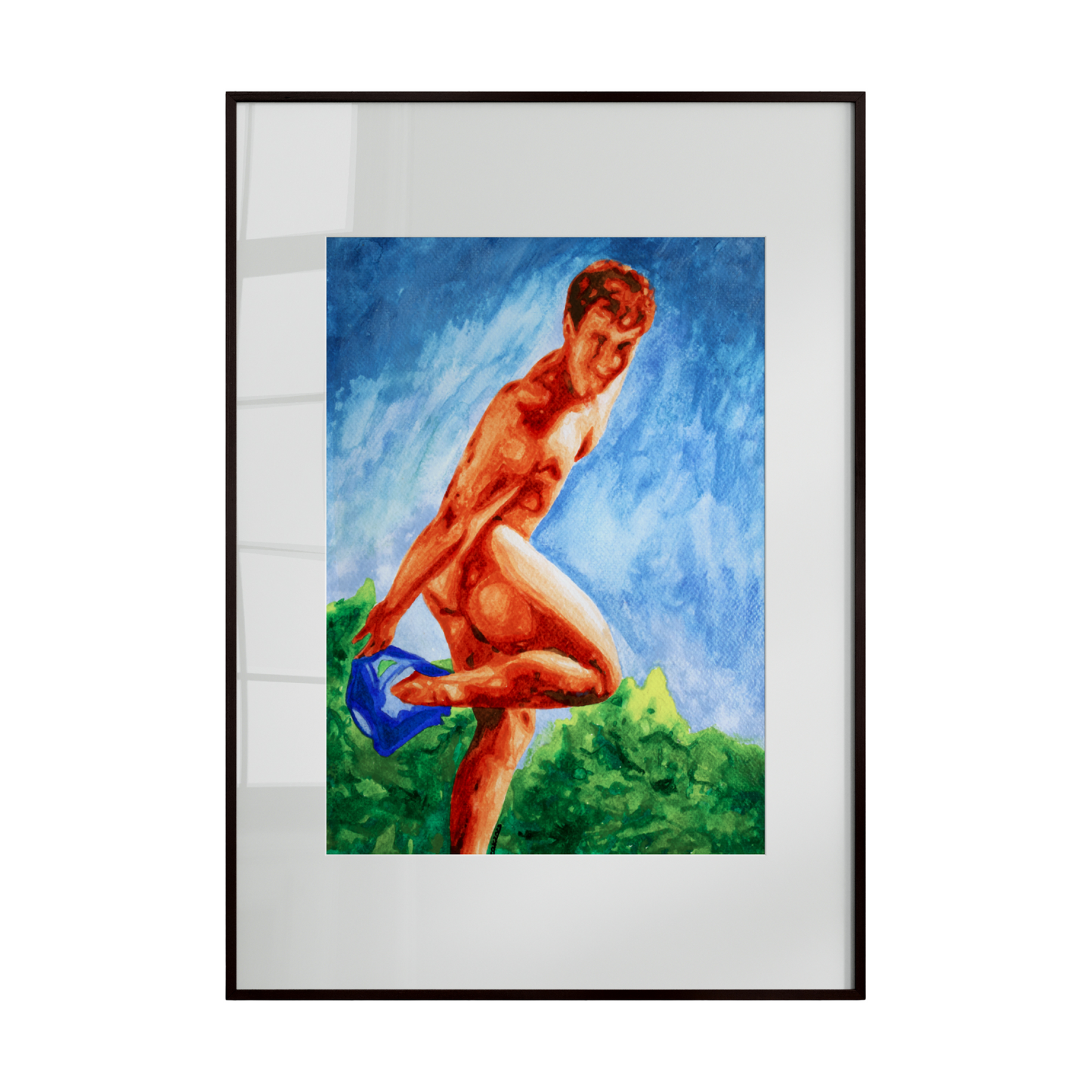 A watercolor artwork depicting a nude male figure in the act of removing his underwear, set in a lush garden. The composition highlights intimacy, vulnerability, and the natural beauty of the human form, blending erotic subtlety with serene surroundings.