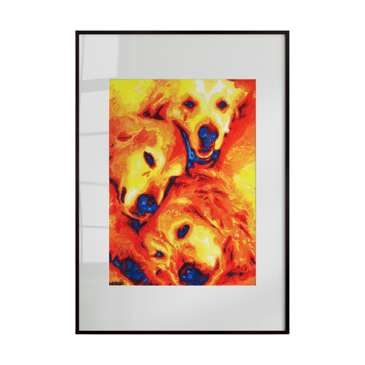 Framed artwork of two dogs with a vibrant orange and yellow background.