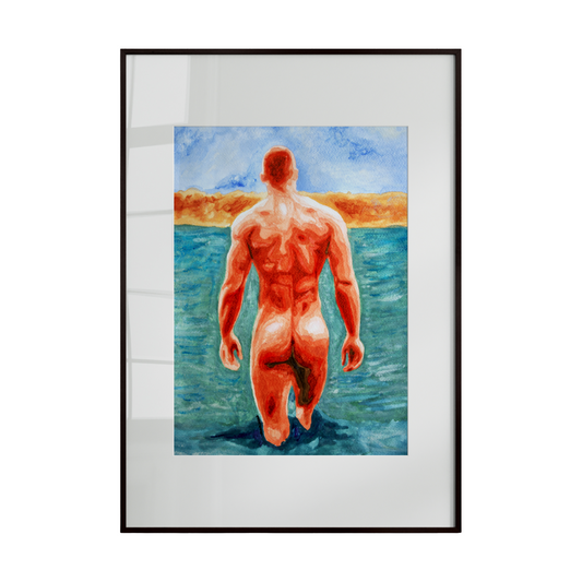 A watercolor artwork depicting a muscular nude male figure walking along a beach. The background blends warm oranges and cool blues, creating a captivating and inviting atmosphere that highlights the figure’s form and strength.