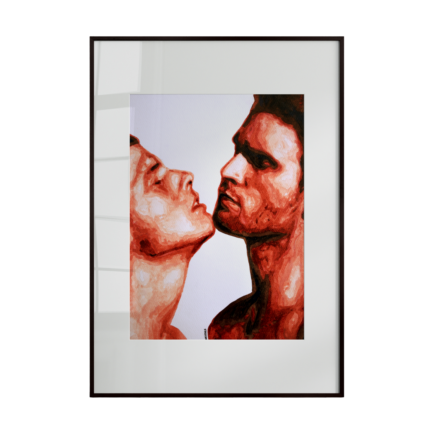 two male faces gently touching at the chin in a tender, intimate moment, set against a clean white background. The minimalist composition emphasizes the emotional connection, 