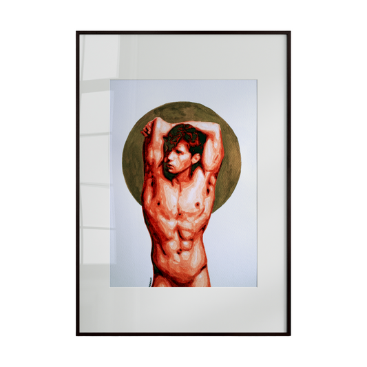 A nude male figure captured in a dynamic, arching pose, painted in warm earthy tones. Set against a crisp white background, the composition highlights muscular detail, sensuality, and the textured beauty of the watercolor medium.