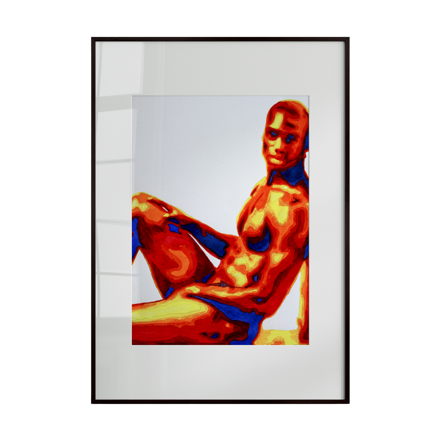 A vibrant, contemporary watercolor portraying a nude male figure in bold, fiery shades of orange, blue, and red. The dynamic colors create a striking, eye-catching composition full of energy and expressive form.