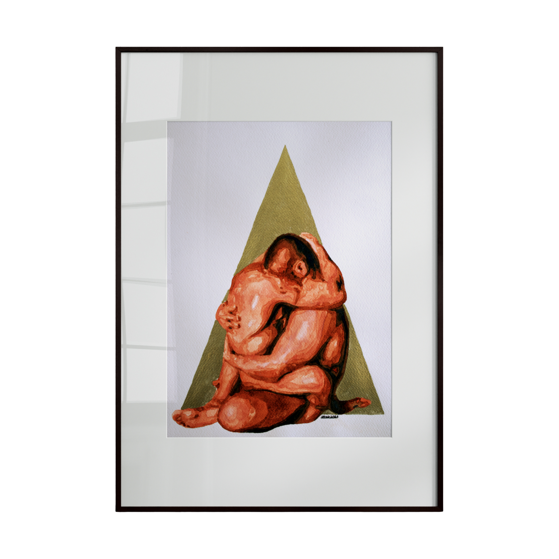 gay couple in a tender, intimate embrace beneath a geometric pyramid. Rendered in warm