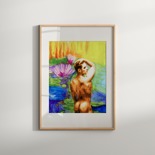 Framed artwork of a nude figure with flowers on a plain wall