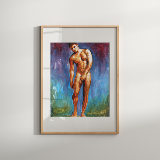 Framed artwork of a nude figure on a white wall