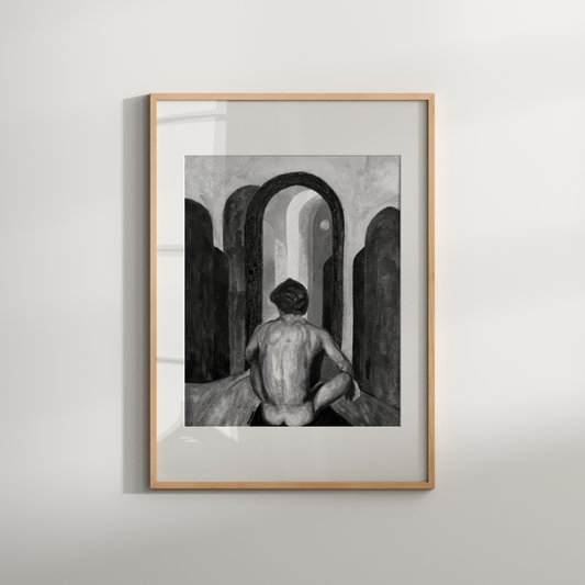 Black and white watercolor painting of a nude man seen from behind, looking at an implied rainbow in a gray sky. Queer art by Zak Pop Art.