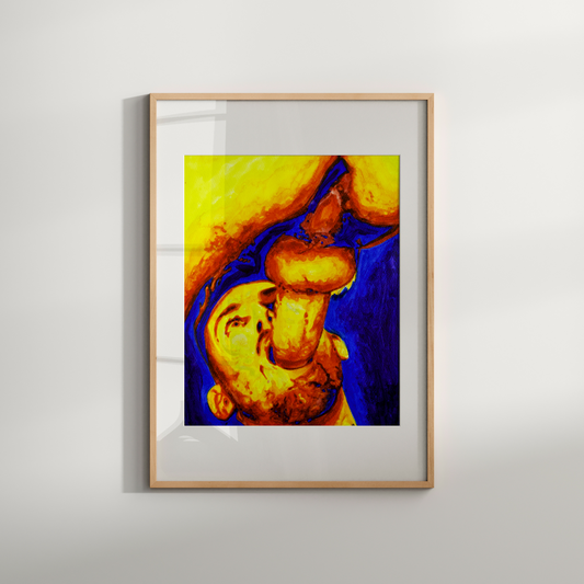 Framed abstract artwork with yellow and blue colors on a white wall