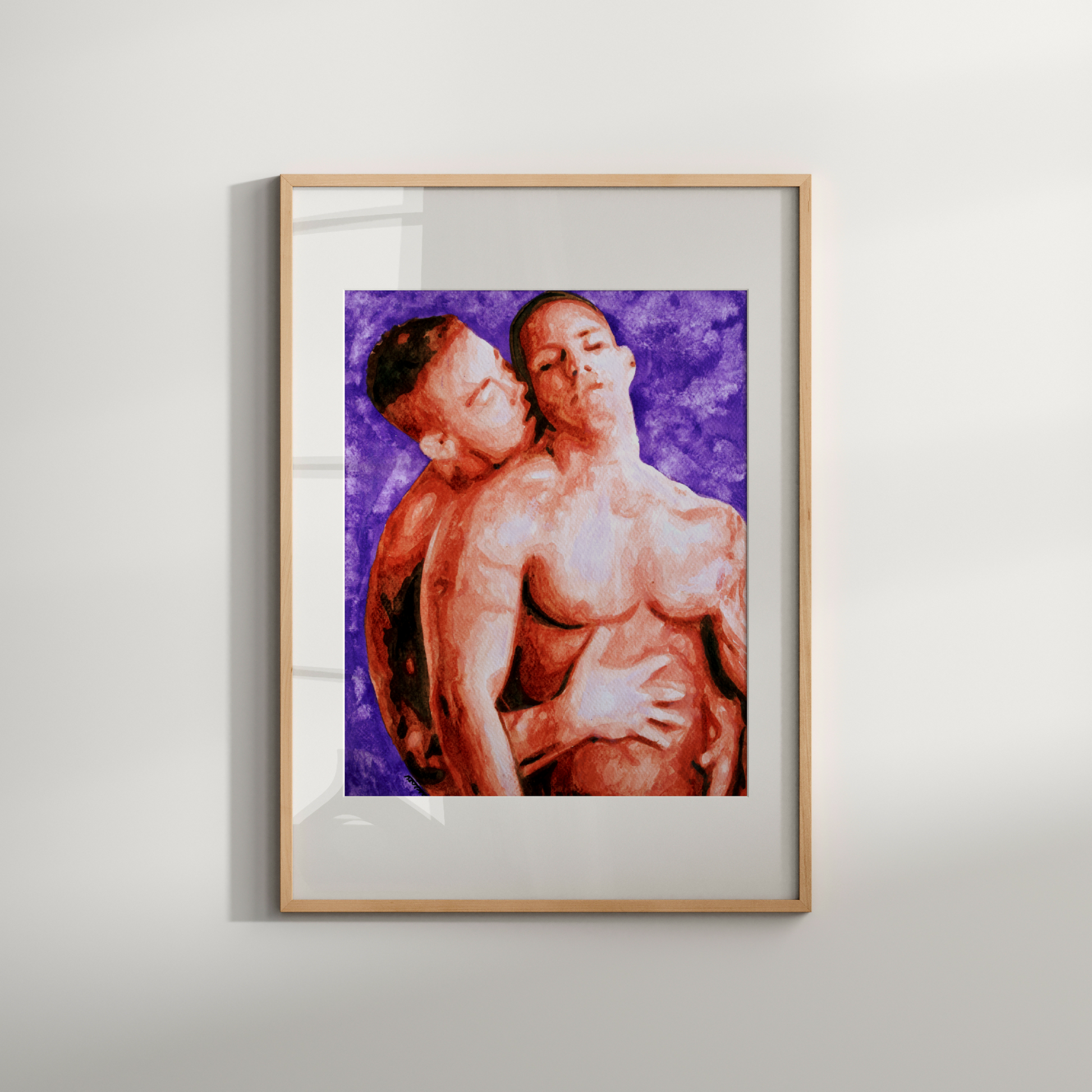 Framed artwork of two nude figures on a purple background
