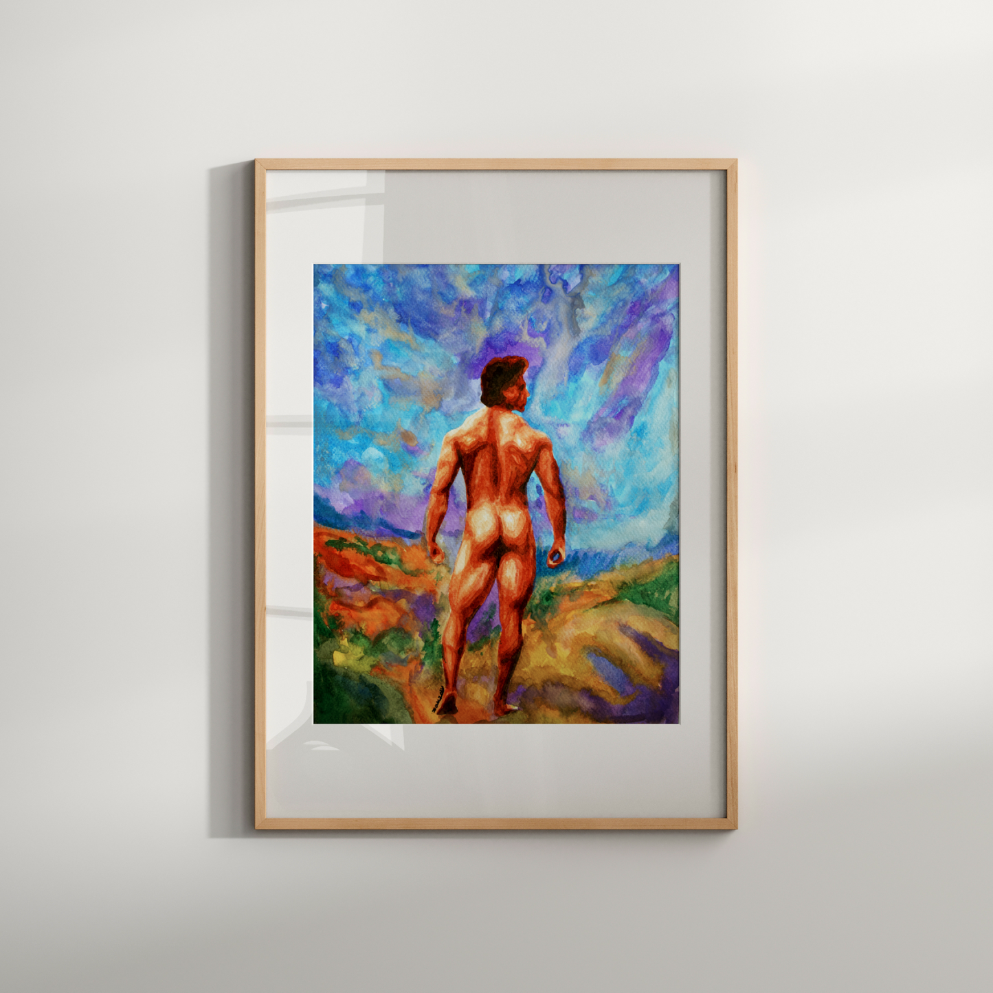 Framed painting of a nude figure standing on a path with a colorful sky.