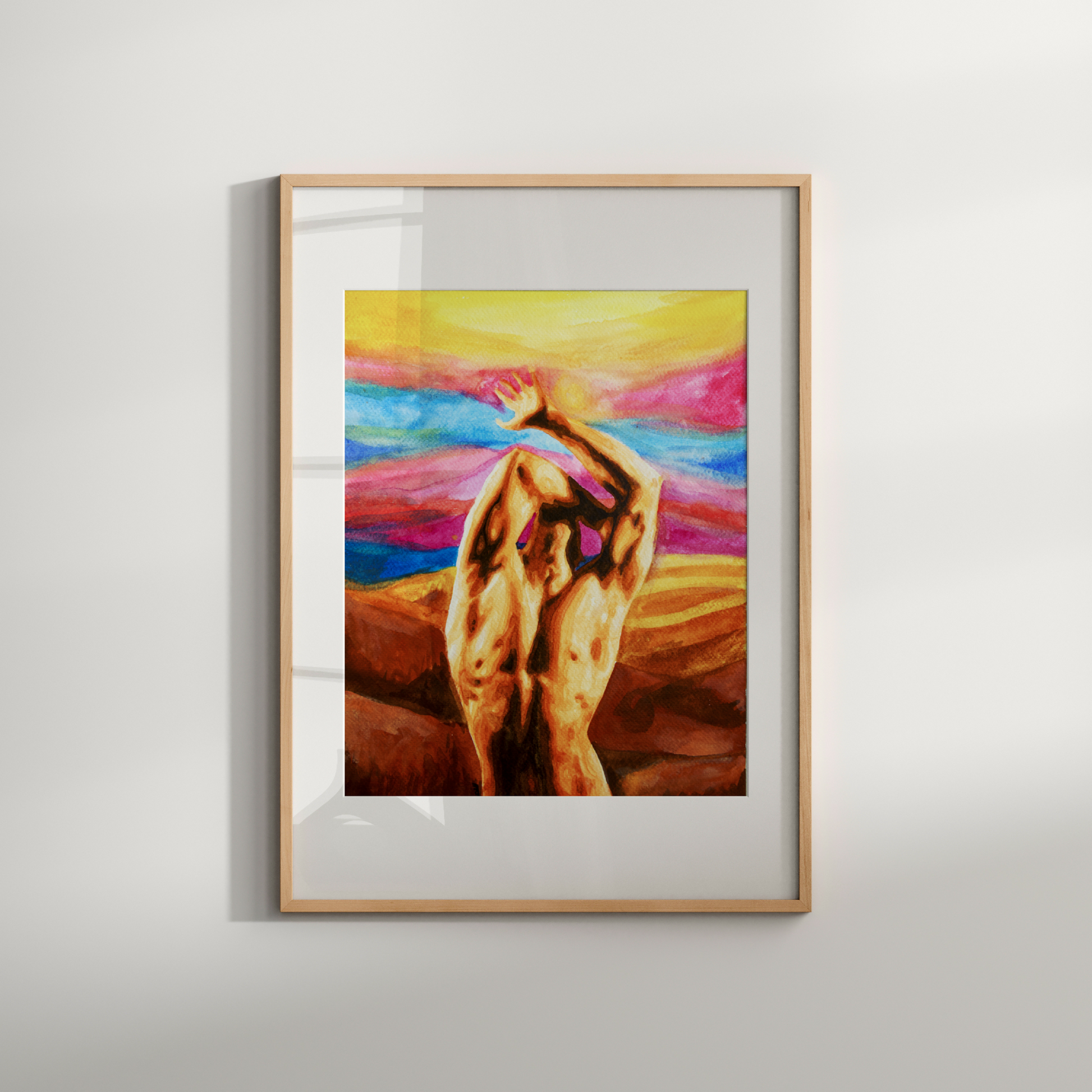 Framed abstract artwork with a colorful landscape and human figure on a white wall.