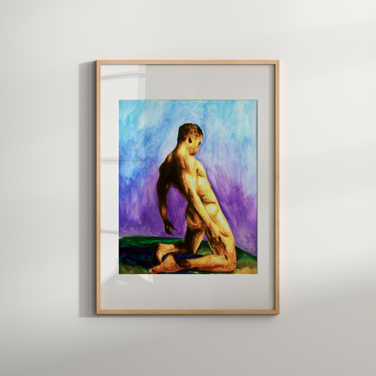 Watercolor painting of a nude man kneeling from behind in a grassy field under a bright blue sky, expressing calm, strength, and queer identity.