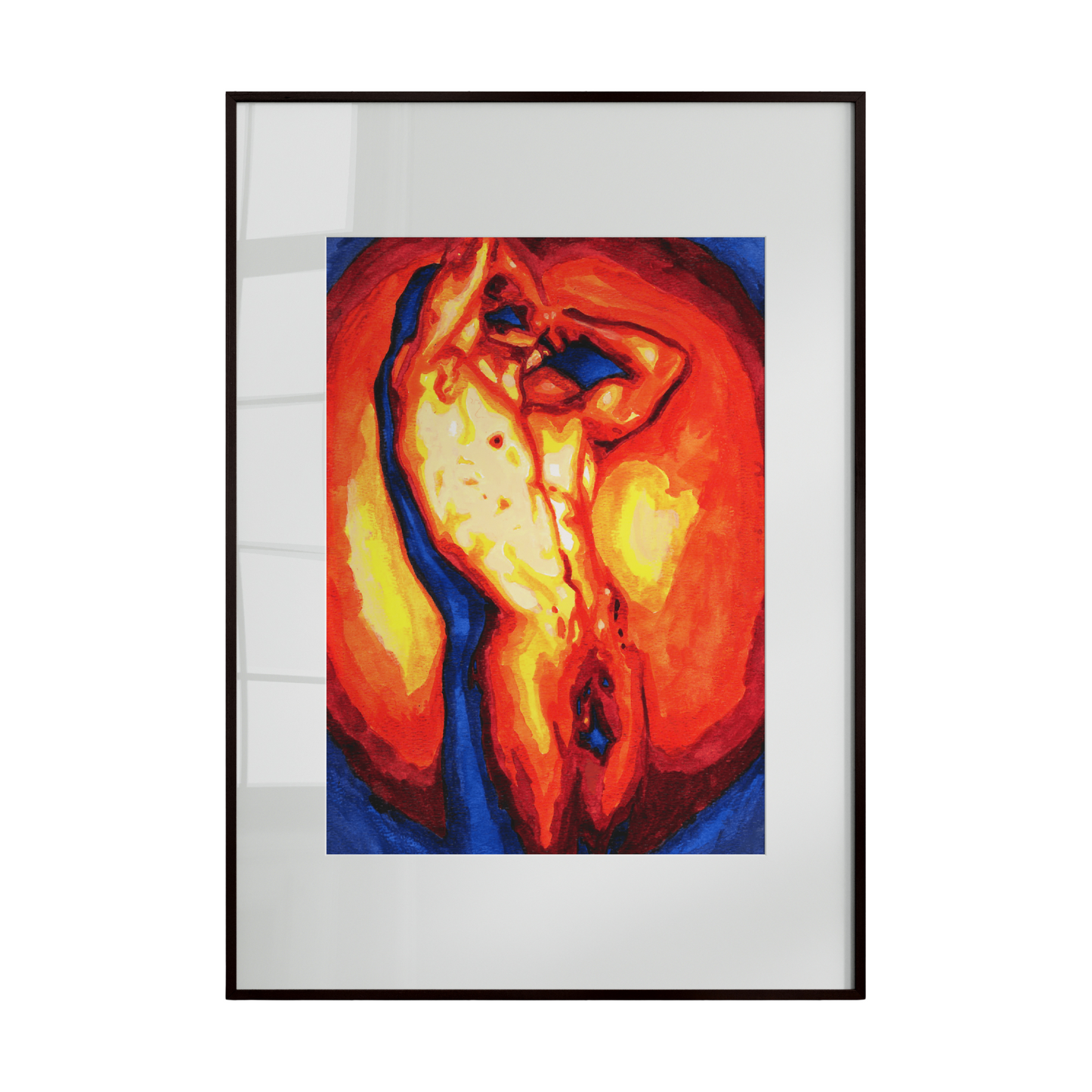 Framed abstract painting of a nude figure with warm colors on a white background