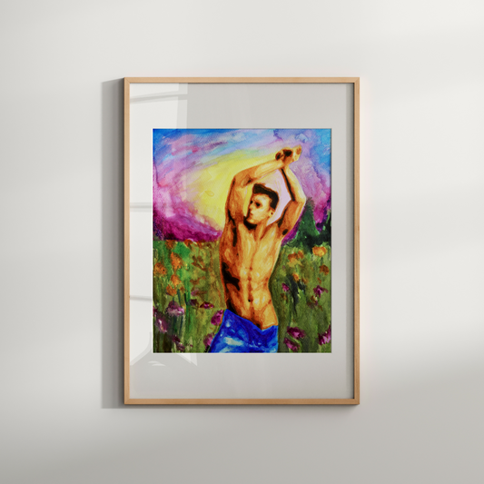 Framed artwork of a shirtless man in a field with colorful background