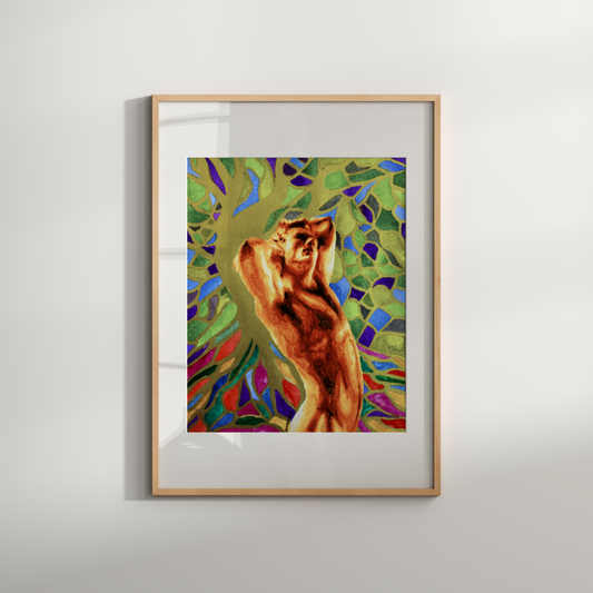 Framed artwork of a colorful monkey on leaves against a white wall