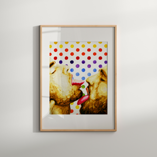 Framed artwork of two gay couple kissing with a colorful polka dot background.