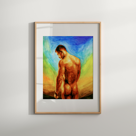 Watercolor painting of a nude man with a strong, beautiful body, proudly facing a rainbow-colored sunset sky, symbolizing queer pride, strength, and self-liberation. Original Zak Pop Art.