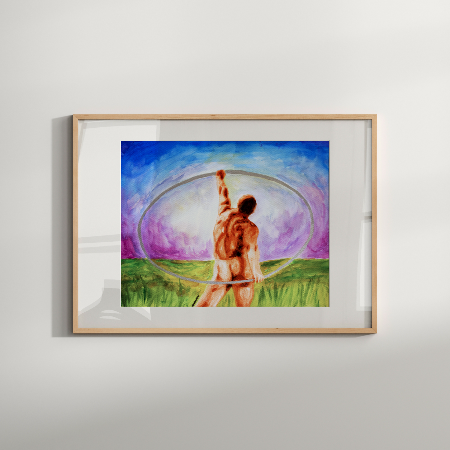 Framed artwork of a person with a hula hoop against a colorful background on a white wall.