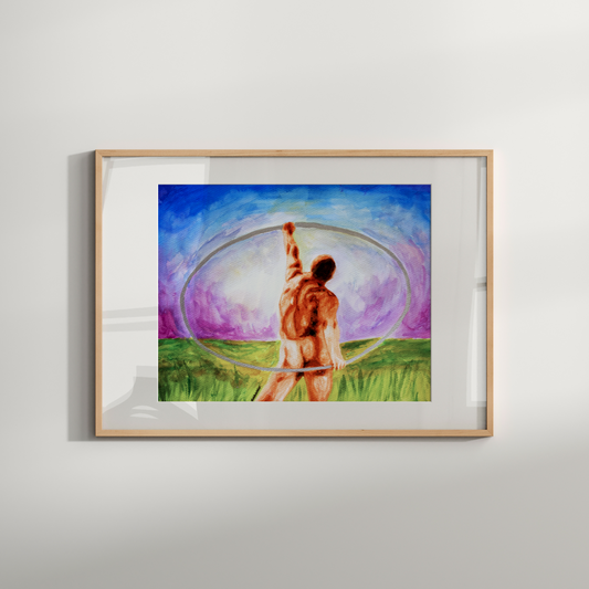 Framed artwork of a person with a hula hoop against a colorful background on a white wall.