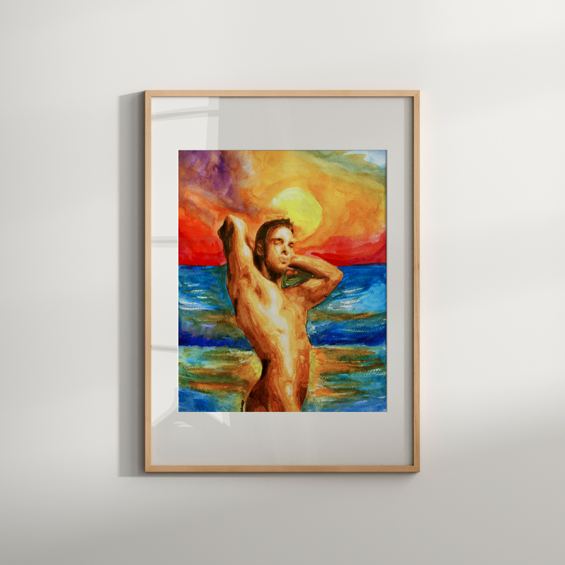 Watercolor painting of a muscular nude young man standing by the ocean at sunset, flexing his arms behind his head. The sky glows with warm golden hues blending into deep blue sea, symbolizing queer pride, strength, and serenity.