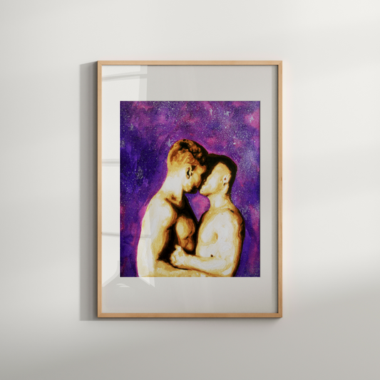 Framed artwork of two nude figures against a purple background on a white wall.