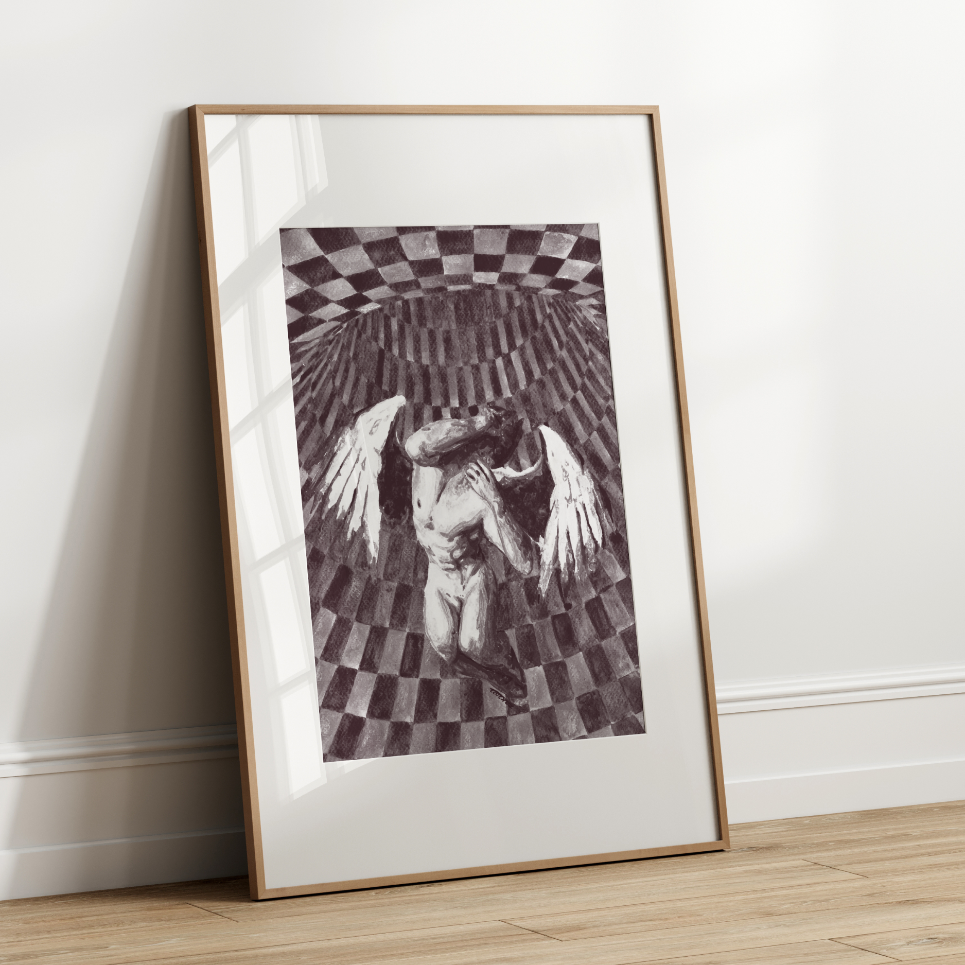 Framed artwork of a bird on a checkered background leaning against a white wall.