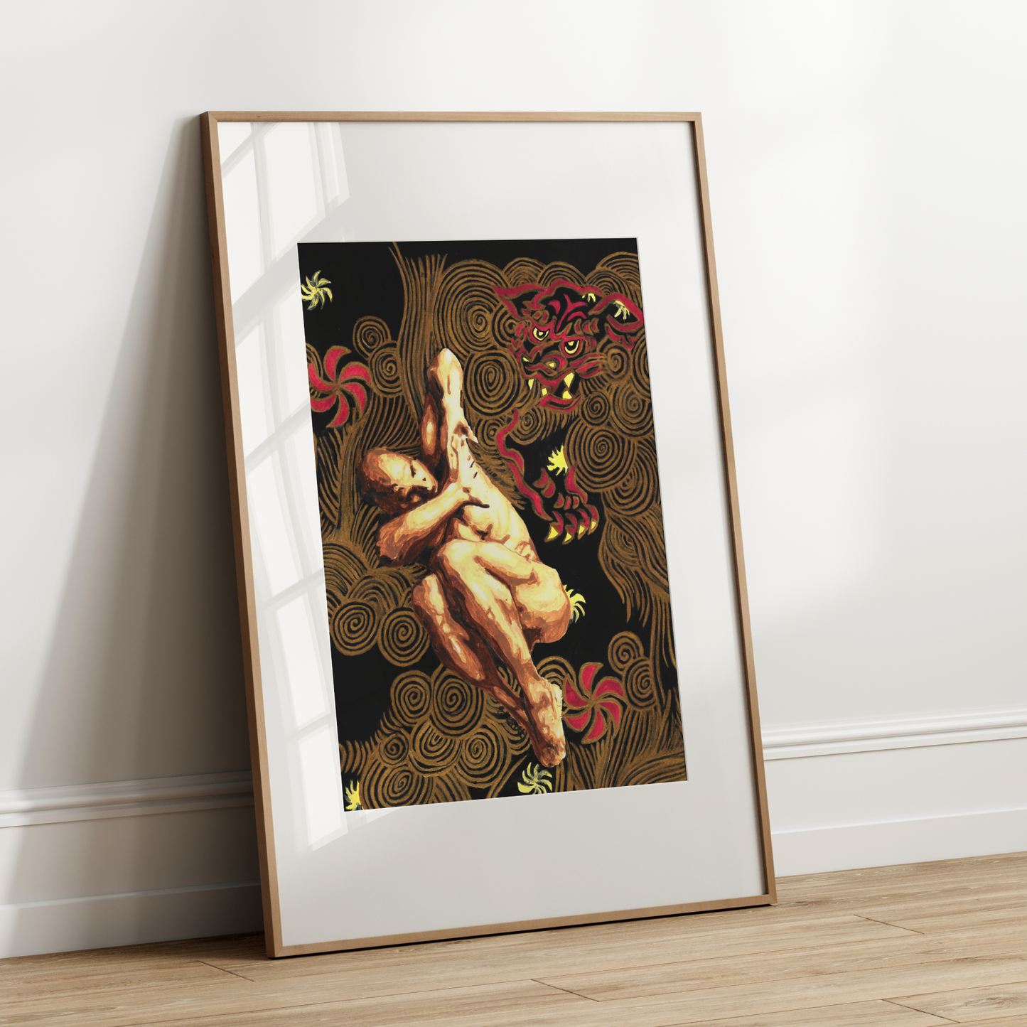 Framed artwork of a nude figure with abstract patterns on a white wall.