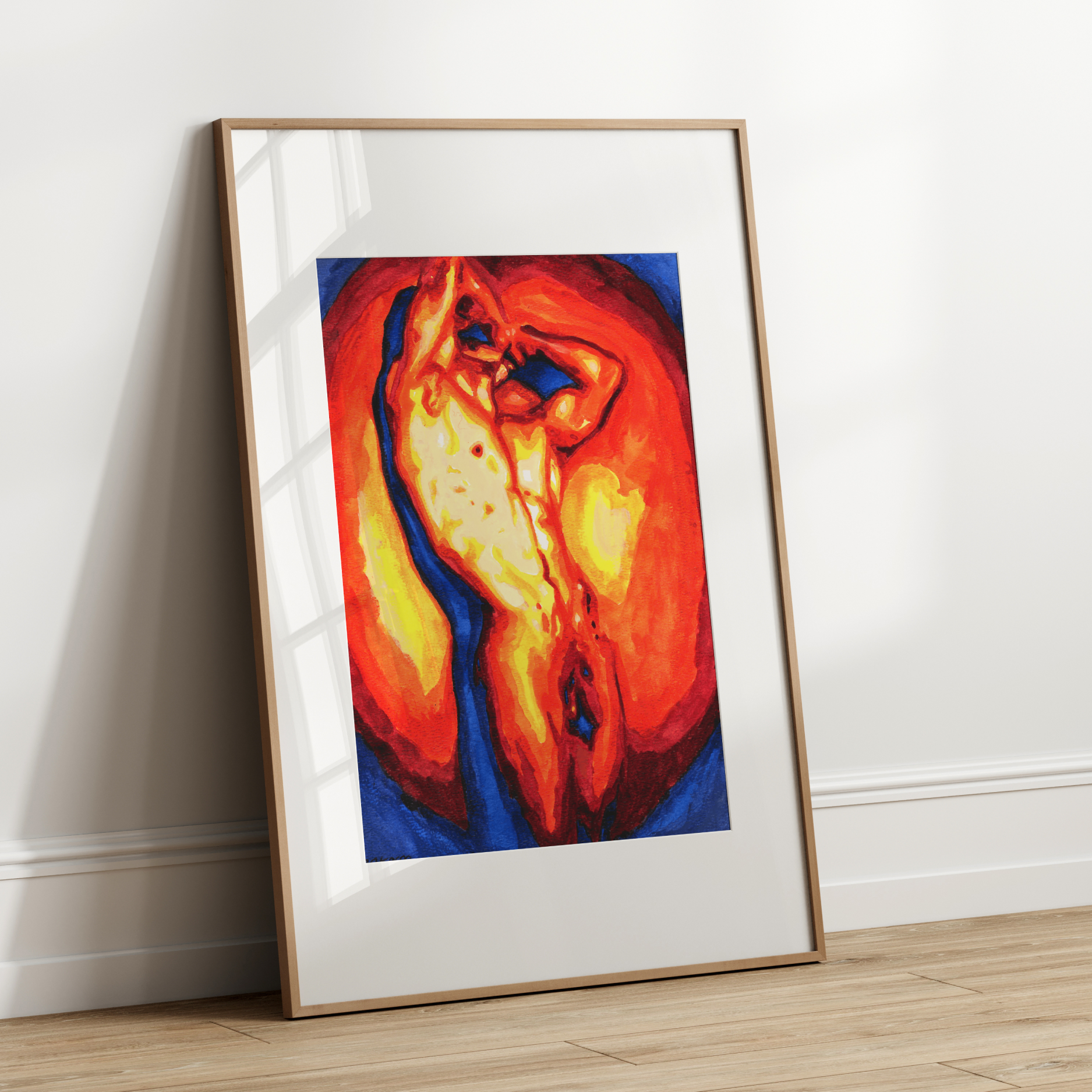 Framed abstract artwork on a white wall